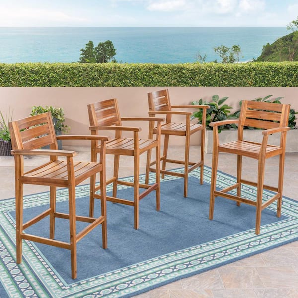 Noble House Stamford Slatted Wood Patio Outdoor Bar Stool (4-Pack)