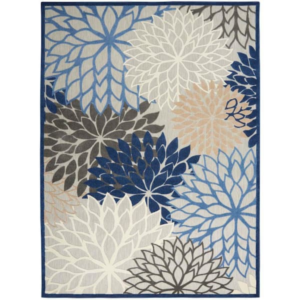 Aloha Blue/Multicolor 9 ft. x 12 ft. Floral Contemporary Indoor/Outdoor Patio Area Rug
