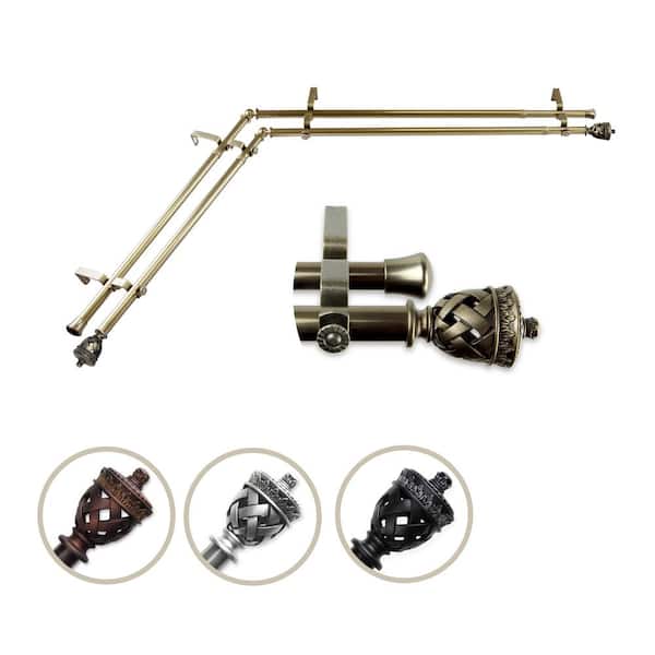 Rod Desyne 13/16" Dia Adjustable 28" to 48" Double Corner Window Curtain Rod in Antique Brass with Arielle Finials
