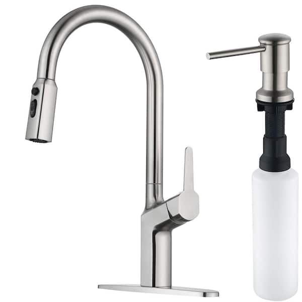 17 in. Single-Handle Pull-Down Sprayer Kitchen Faucet 360° Spout Swivel with Soap Dispenser in Stainless Brushed Nickel