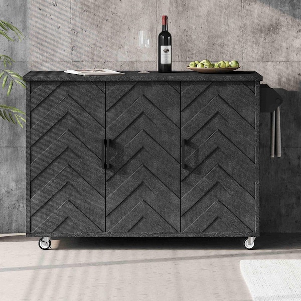 Rolling Black Drop Leaf Wood Top 51 in. Kitchen Island Cart with Internal Storage Racks, Soft-Close Hinge, 4 Wheels