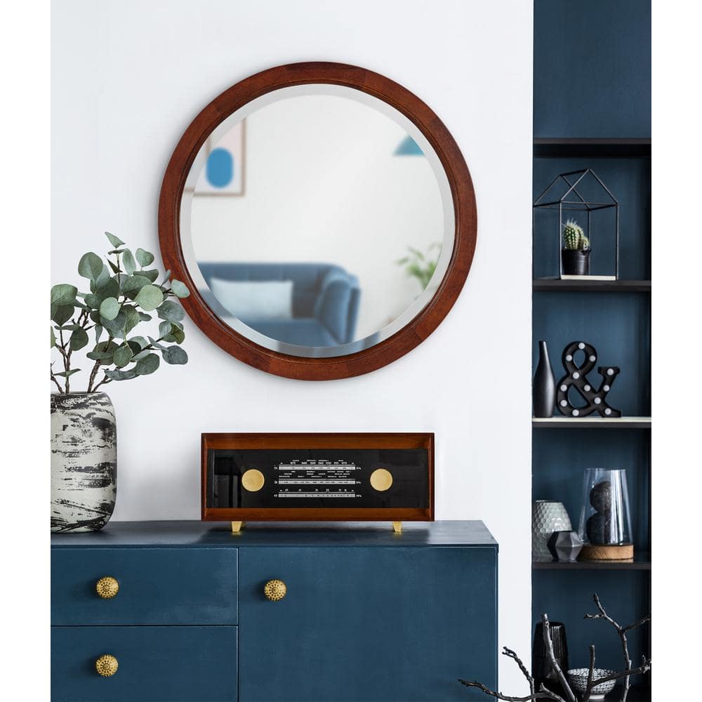 22" Round Walnut Brown Solid Poplar Wood Framed Wall Mirror