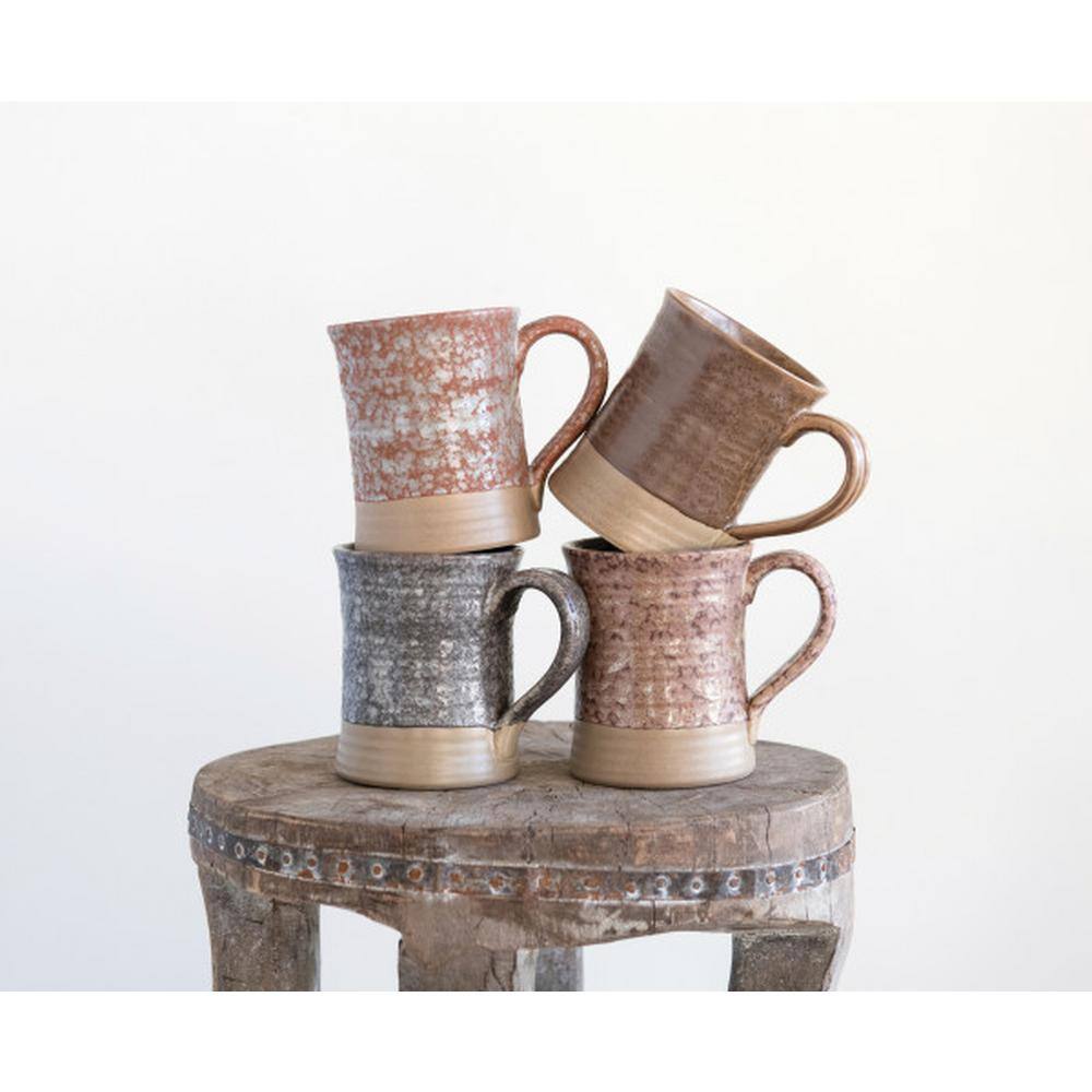 Set of 4 Beige and Multicolor Ceramic Stoneware Mugs