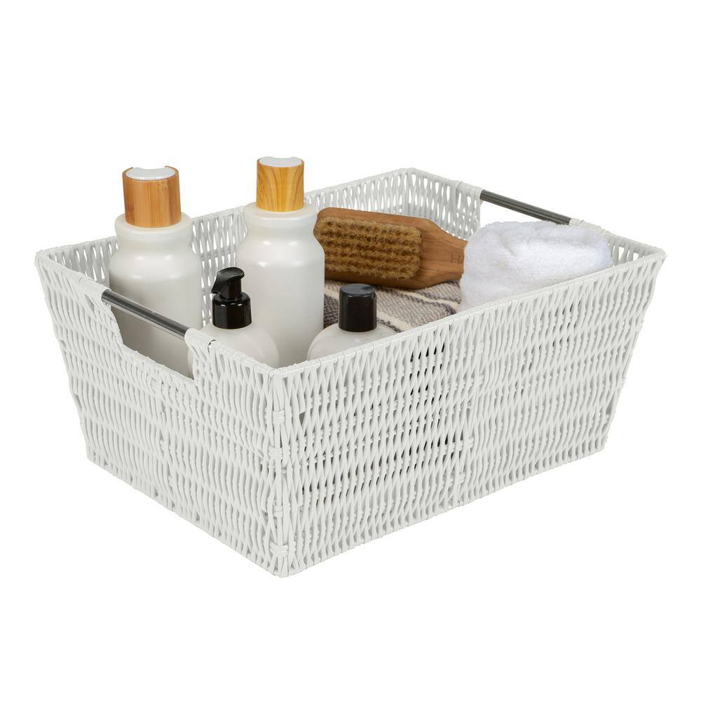 White Rectangular Rattan Storage Baskets with Iron Handles, Set of 3