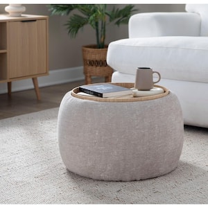 Tray Pouf Natural Wood and Light Brown Fabric Ottoman