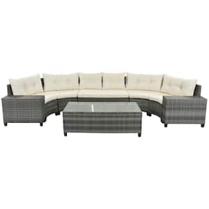 8-Pieces Outdoor Gray Rattan Wicker Round Sofa Set with Beige Cushion