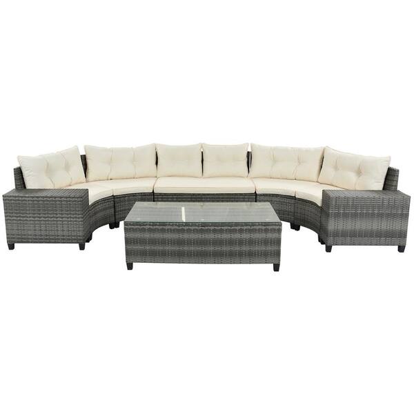 Tunearary 8-Pieces Outdoor Gray Rattan Wicker Round Sofa Set with Beige Cushion