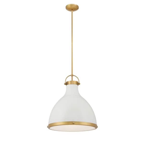 Lynk 100-Watt 1-Light Off-White Cream and Legacy Brass Cone Pendant Light with Etched Opal Glass Shade, No Bulb Included