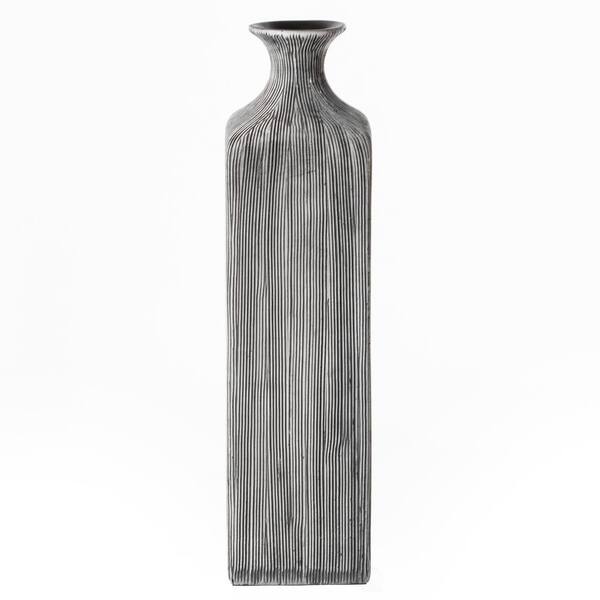 Contemporary Decorative Square Table Flower Vase with Gray Striped Design 11.5 Inch 