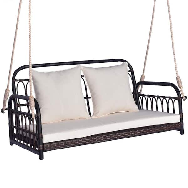 Costway 45 in. 2-Person Metal Patio Swing Chair Hanging Seat Outdoor Wicker Loveseat Cushioned Porch