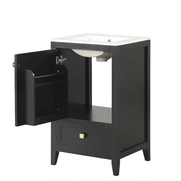 20 in. W Single Sinks Freestanding Black Bath Vanity with White Ceramic Top and Drawers Unassembled