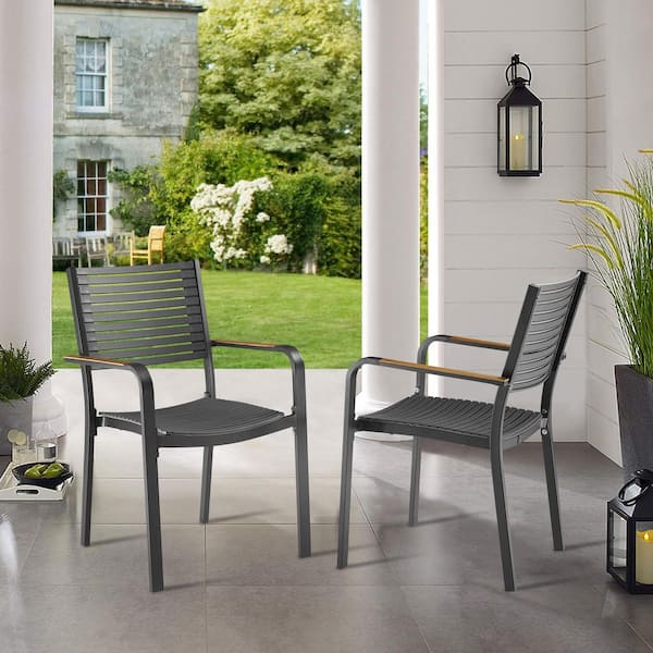 ELOE Black Aluminum Outdoor Dining Chair with Teak Wood Armrests (2-Pack)