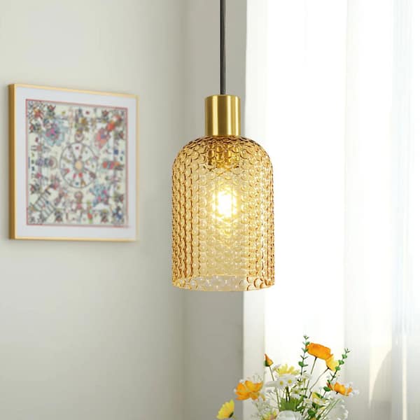 Eleanore 1-Light Modern Gold Cylinder Amber Glass Pendant Light for Kitchen Island/Dining Room