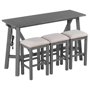 4-Piece Wood Outdoor Dining Set with 3 Upholstered Stools in Gray