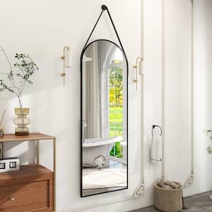 16 in. W x 48 in. H Arch Metal Framed Wall Bathroom Vanity Mirror Black with Hanging Leather Strap