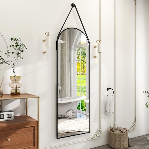 16 in. W x 48 in. H Arch Metal Framed Wall Bathroom Vanity Mirror Black with Hanging Leather Strap