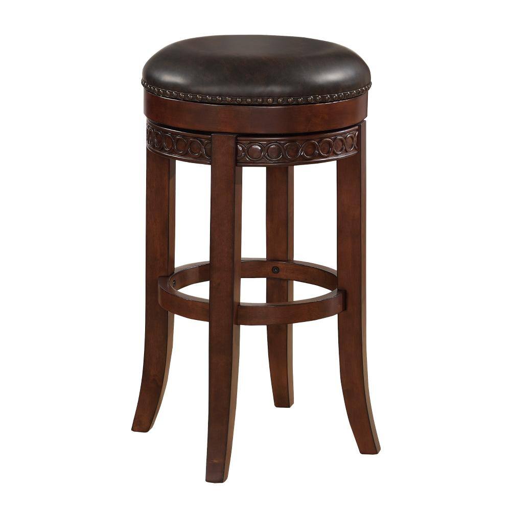 Cherry Finish Backless Swivel Counter Stool with Brown Leather Cushion