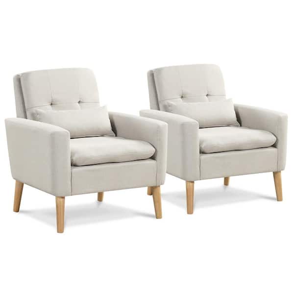Gymax Beige Mid-century Accent Chair Linen Fabric Reading Armchair w/Lumbar Pillow (2-Pieces)