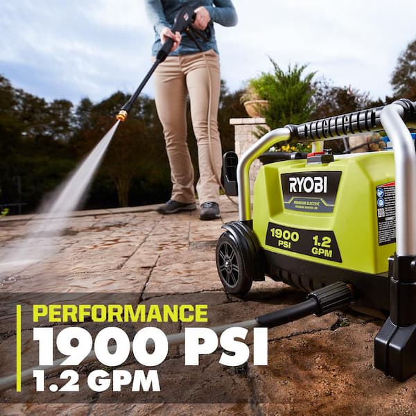RYOBI 1900 PSI 1.2 GPM Cold Water Wheeled Electric Pressure Washer with 12 in. Surface Cleaner RYOBI 1900 PSI 1.2 GPM Cold Water Wheeled Electric Pressure Washer with 12 in. Surface Cleaner