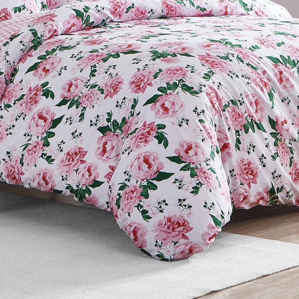 Twin Pink Cotton Floral Duvet Cover Set with Sham