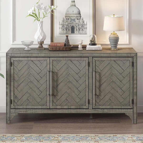 Unbranded Gray MDF 60 in. Farmhouse Sideboard Buffet Cabinet Coffee Bar Cabinet Buffet Table Accent Cabinets with 3-Door