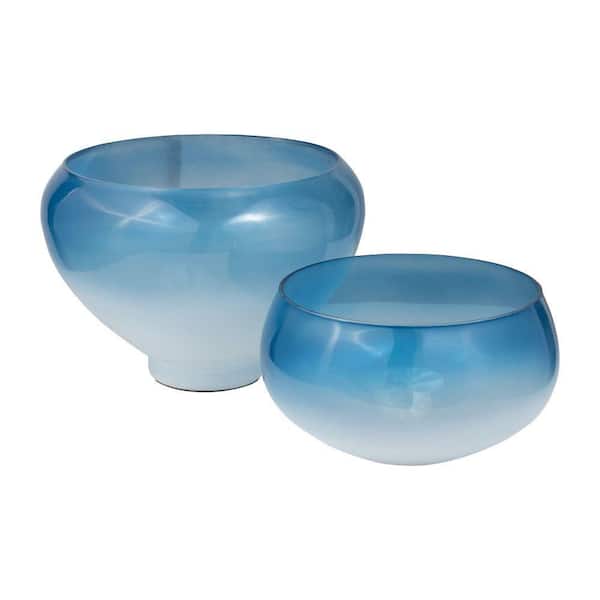 Liv & Skye Blue 13 in. and 10 in. Glass Round Coastal Ombre Decorative Bowls