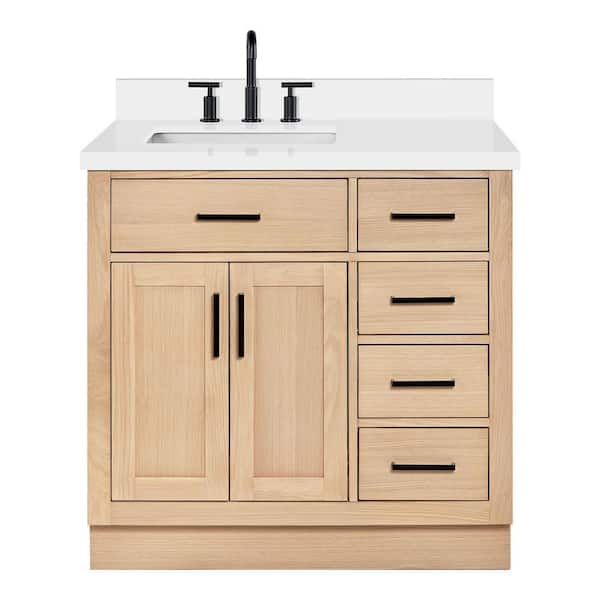 Hepburn 37 in. W x 22 in. D x 36 in. H Single Freestanding Bath Vanity in Oak with Pure White Quartz Top