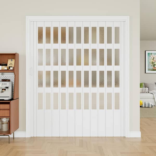 60 in. x 80 in. White Double PVC Material With 4-Lite Frosted Acrylic Panel Accordion Door With Installation Hardware