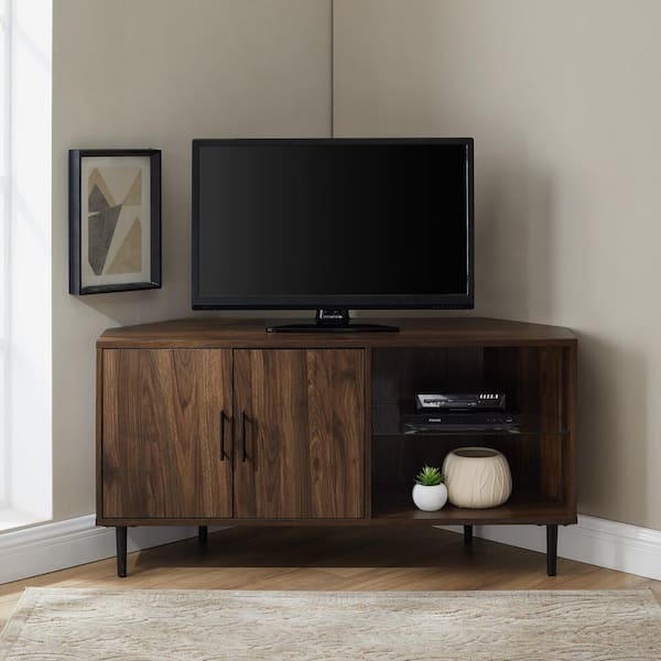 48 in. Modern Dark Walnut Wood Corner TV Stand with Doors and Glass Shelf (Max TV Size 55 in.)