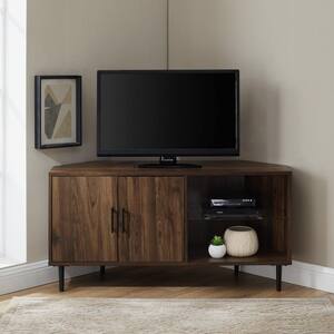48 in. Dark Walnut Composite Corner TV Stand with adjustable shelves and doors (Max tv size 50 in.)