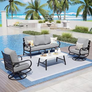 Metal 5 Seat 4-Piece Steel Outdoor Patio Conversation Set With Swivel Chairs, Gray Cushions, Marble Pattern Table