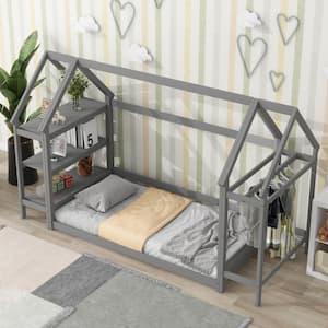 Gray Wood Frame Twin Size House-Shaped Floor Bed with Detachable Shelf and Clothes Rack