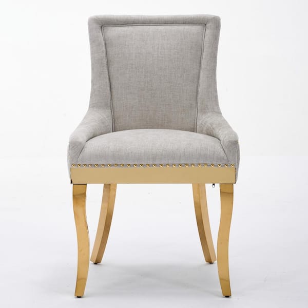 Beige Chenille Upholstered Dining Chairs with Gold-Plated Legs & Rivet Trim, Foam-Filled Seat, Set of 2