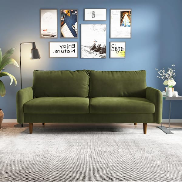 Dwell Home Inc Weston 70 in. Velvet Round Arm Apartment Rectangle Sofa - Olive Green