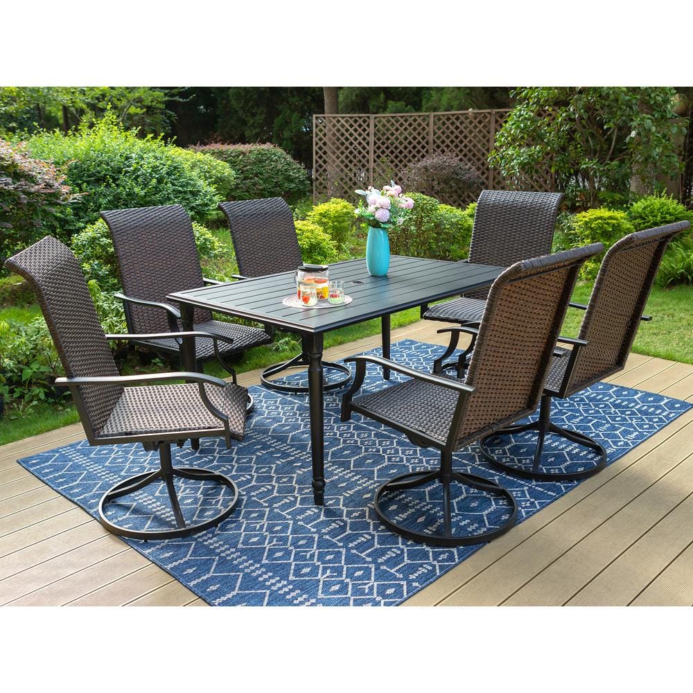 PHI VILLA 7-Piece Rattan Patio Outdoor Dining Set with Black Frame ...