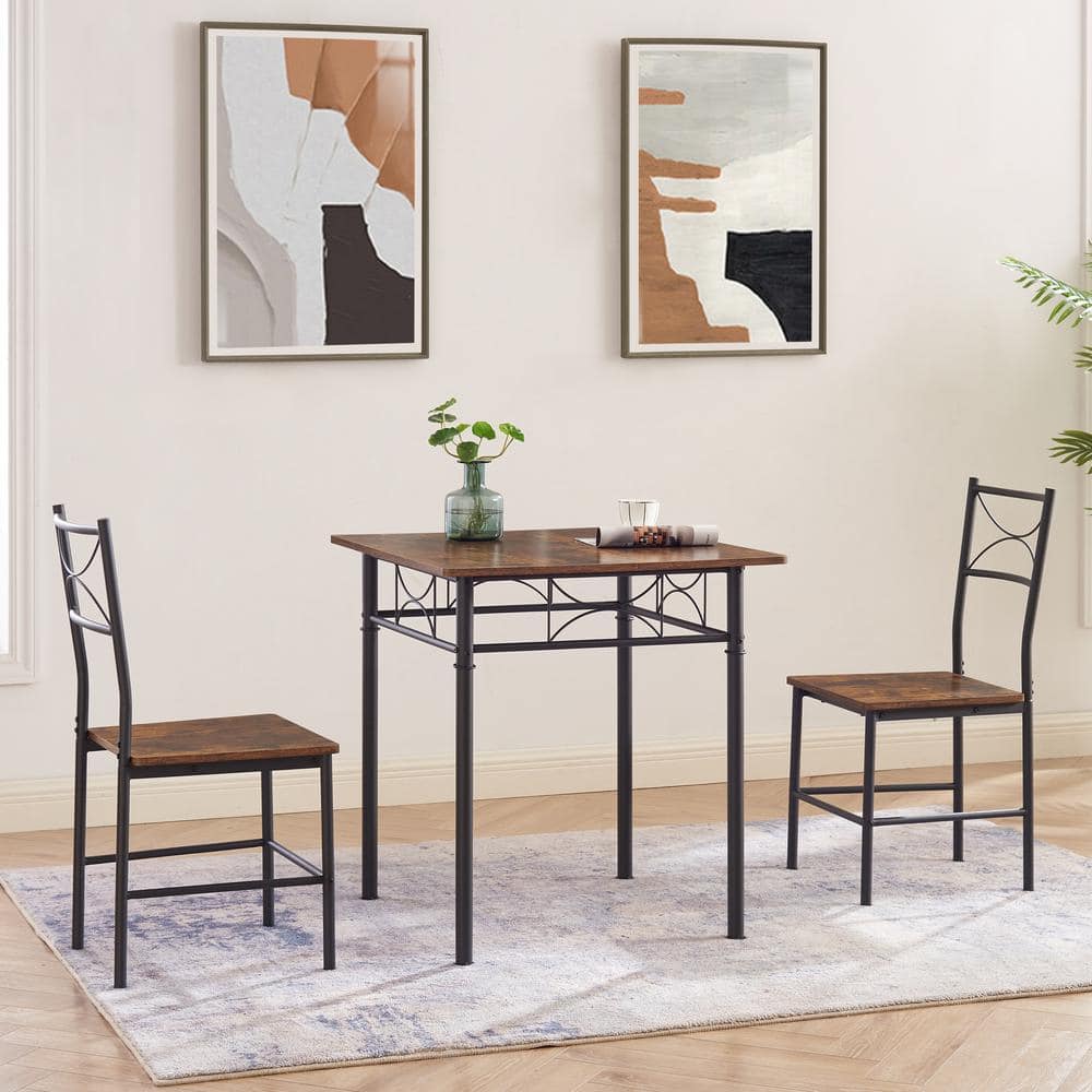 3-Piece Outdoor Patio Metal and Wood Retro Brown Dining Table Set, Space-Sa