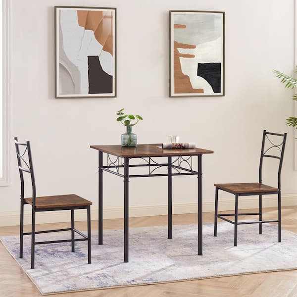 Unbranded 3-Piece Outdoor Patio Metal and Wood Retro Brown Dining Table Set, Space-Saving for Small Areas, Vintage Style