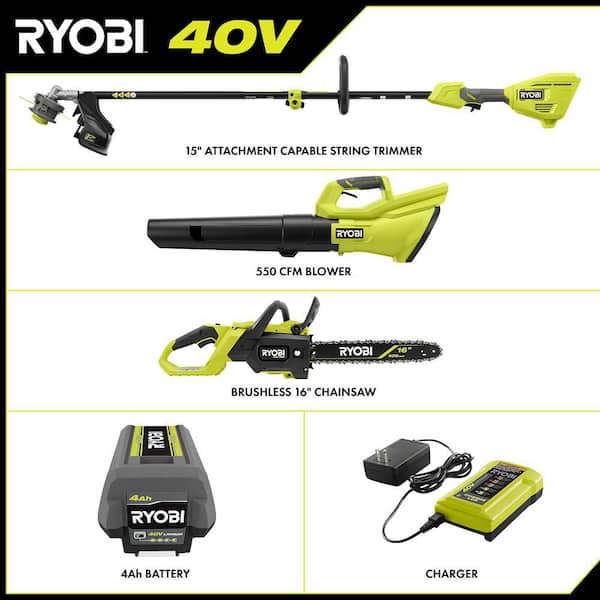 40V 15 in. Expand-It Cordless Battery Attachment Capable String Trimmer w/ Blower, Chainsaw, 4.0 Ah Battery and Charger
