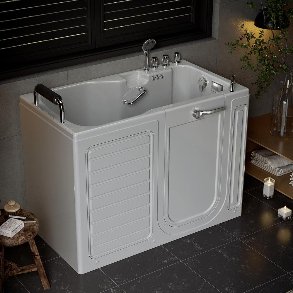 Empava White Acrylic Walk-In Soaking Bathtub with Handrails