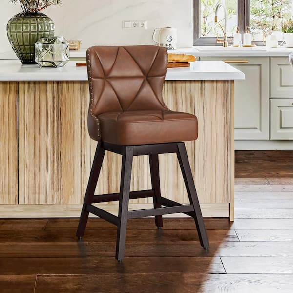 OrangeOne Zola 26 in. Dark Brown Wood Frame Faux Leather Upholstered Swivel Bar Stool (Set of 1)
