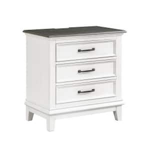 28 in. White, Brown and Black 3-Drawers Wooden Nightstand