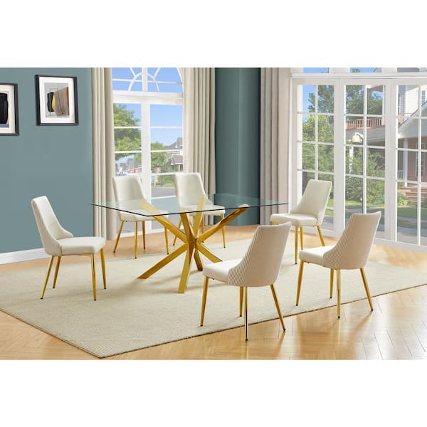 Best Quality Furniture Tom 7-Piece Clear Glass Top Cross Leg Base Dining Set with 6-Cream Gold Chrome Chairs