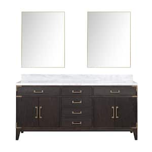 Fossa 72 in W x 22 in D Brown Oak Double Bath Vanity, Carrara Marble Top, and 34 in Mirrors