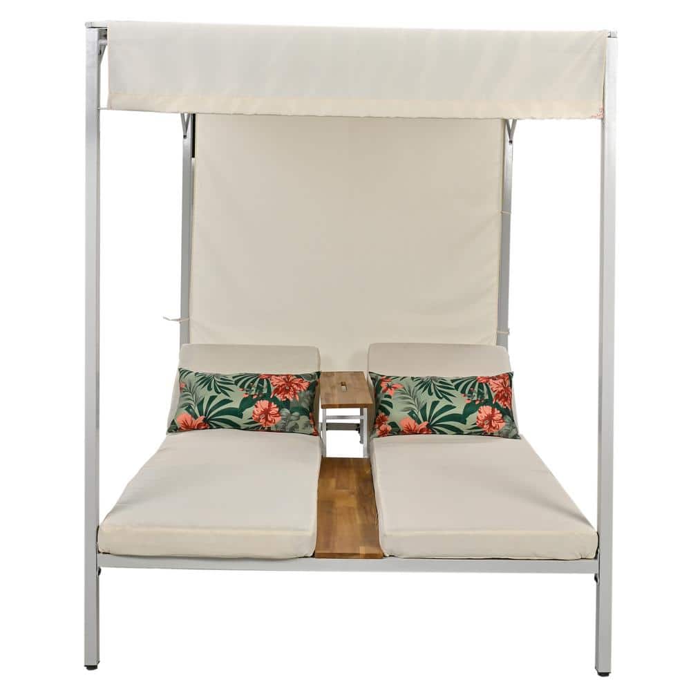 2-Person Metal Outdoor Day Bed, Patio Sunbed with Adjustable Seats, Soft Be