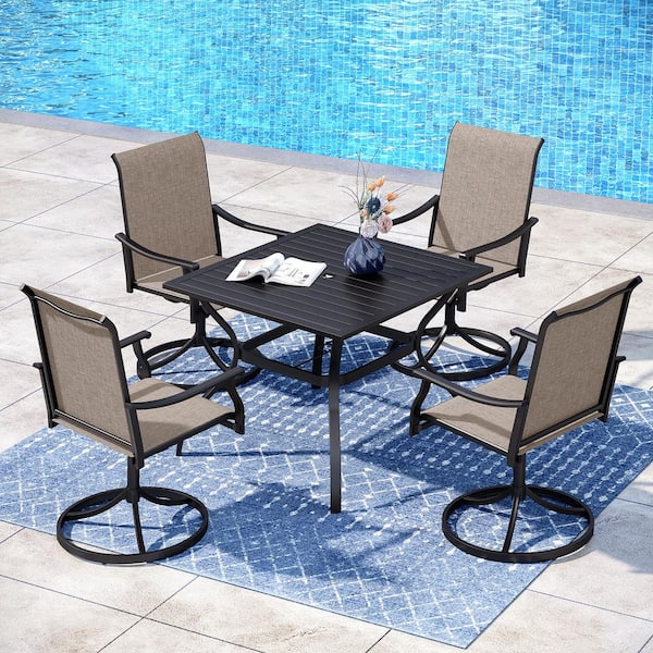 PHI VILLA Black 5-Piece Metal Square Patio Outdoor Dining Set with Slat Table and Textilene Swivel Chairs