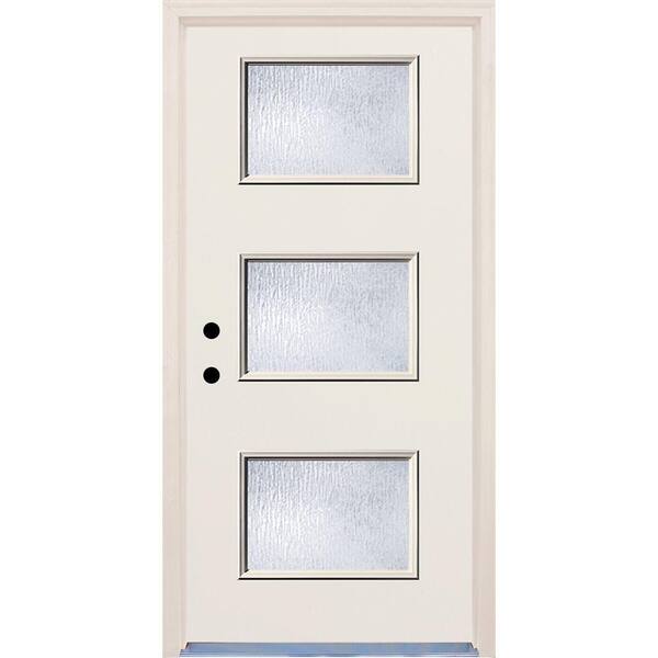 Builders Choice 36 in. x 80 in. Right-Hand 3 Lite Rain Glass Unfinished Fiberglass Raw Prehung Front Door with Brickmould