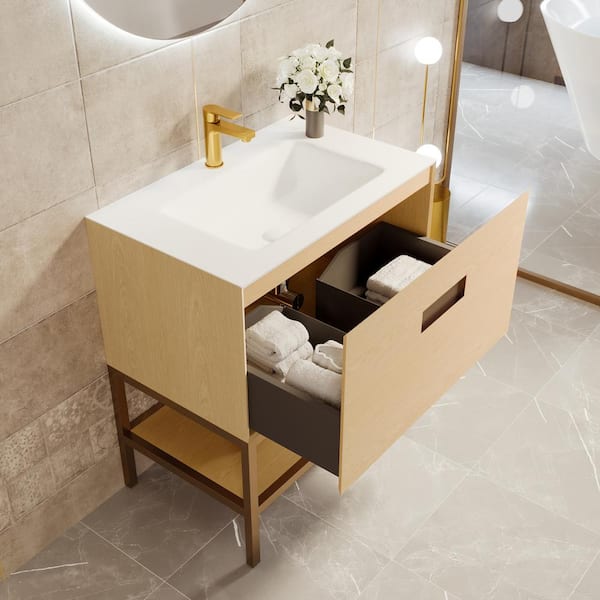 Eviva Iris 30 in. W. x 22 in. D x 33.5 in. H Oak Freestanding Bathroom Vanity with White Solid Surface Integrated Sink Top