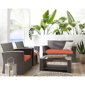 Hudson 4-Piece Rattan Wicker Patio Conversation Set with Orange Cushions