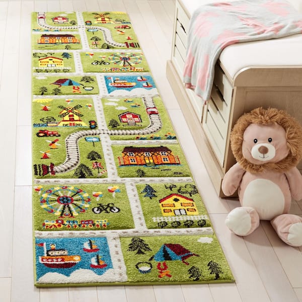 Carousel Kids 2 x 8 Green/Beige Novelty Runner Rug