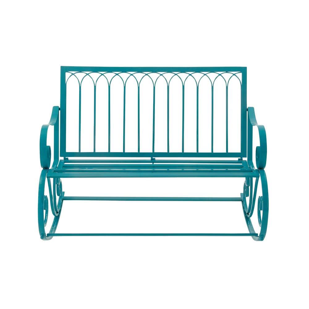 Teal Metal Rocking Outdoor Bench with Scrolled Armrests